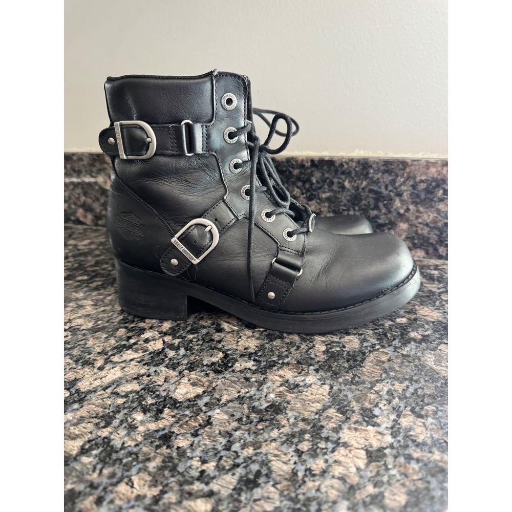 Harley Davidson Womens Black Leather Lace Up Buckle Motorcycle Boots Lug Sole